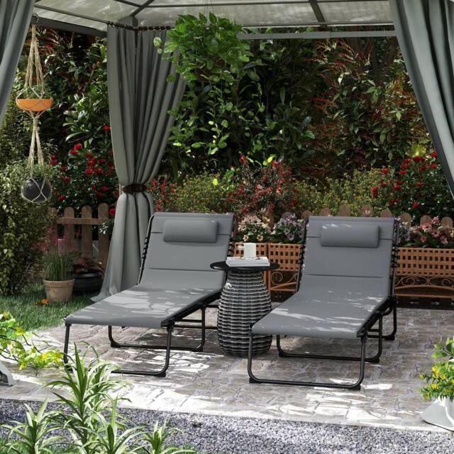 OUTSUNNY Folding Sun Loungers Set of 2, Reclining Sun Bed, Charcoal Grey in Dark Grey