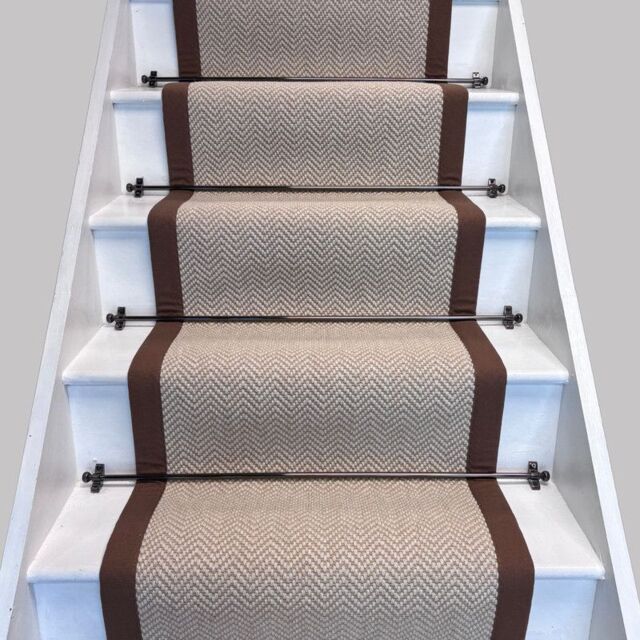 RainbowHome Herringbone Chalk Beige Wool Stair Runner with 100% Brown Cotton Border 60cm x 600cm - Size: 70 cm x 600 cm - image 1