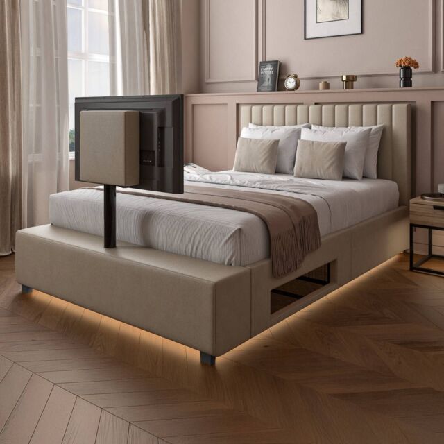 X Rocker Maisie Velvet Upholstered TV Bed with Media Storage & LED Lights in Beige - Size: Double - image 1