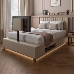 X Rocker Maisie Velvet Upholstered TV Bed with Media Storage & LED Lights in Beige - Size: Double - thumbnail 1