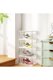 Living and Home 4-Tier Foldable Storage Cabinet Shoes Organizer with Doors in White - thumbnail 3