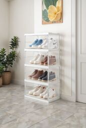 Living and Home 4-Tier Foldable Storage Cabinet Shoes Organizer with Doors in White - thumbnail 2