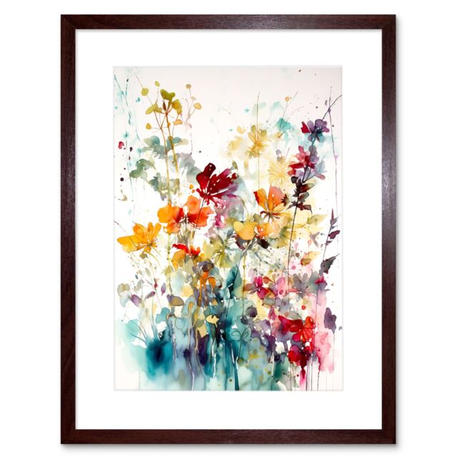 "Artery8 Wall Art Print Wild Flowers Abstract Watercolour Orange Red Purple Bright Floral Spring Field Artwork Framed 9X7 Inch - Size: W7"" x H9""" - image 1