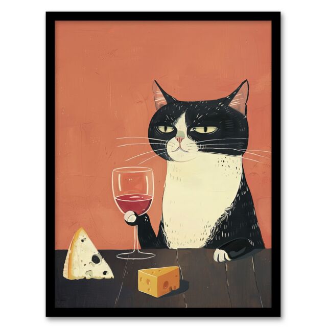 Artery8 Wall Art Print Tuxedo Cat Drinking Wine with Cheese Painting Art Framed Poster in Black - Size: A4 - image 1