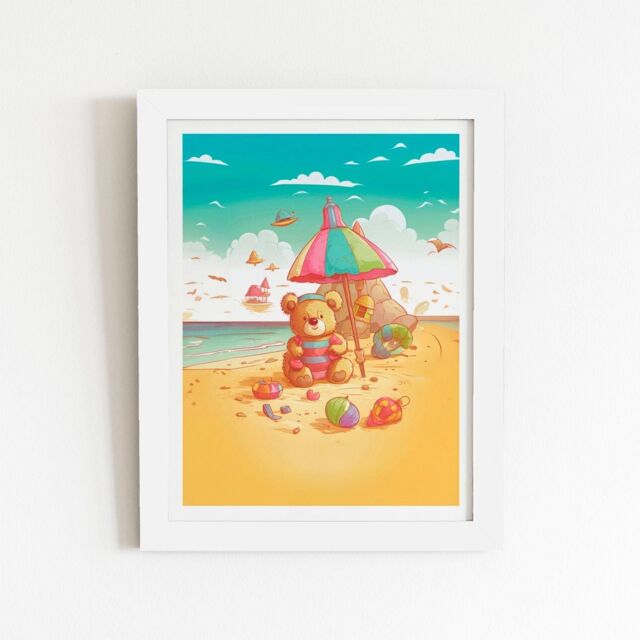 "Warren Reed - Designer Lucky Teddy Bear On A Beach Holiday Framed Art Print in White - Size: W12"" x H16""" - image 1