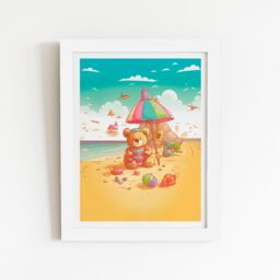 "Warren Reed - Designer Lucky Teddy Bear On A Beach Holiday Framed Art Print in White - Size: W12"" x H16""" - thumbnail 2