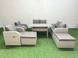 Fimous 8 Seater Outdoor Reclining Chair Love Sofa Set Rattan Garden Furniture Set with Rectangular Dining Table 2 Big FootStools Light Grey - thumbnail 2