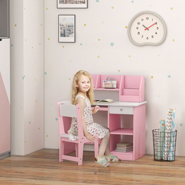 ZONEKIZ Kids Desk & Chair Set with Storage for 5-8 Years in Pink - image 1