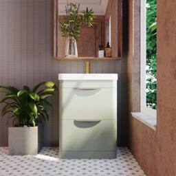 Balterley Wave 600mm Floor Standing 2 Drawer Unit & Ceramic Basin - Satin Green - thumbnail 2