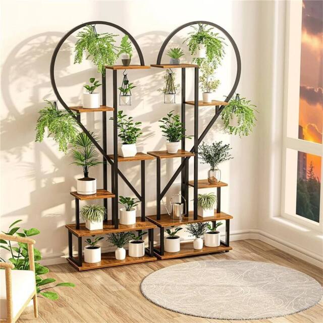 Kelvenix 2X Plant Stand Half Heart Shaped Multiple Planter Rack in Brown - Size: 0.6m2 - image 1