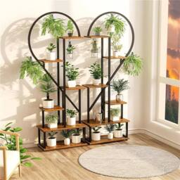 Kelvenix 2X Plant Stand Half Heart Shaped Multiple Planter Rack in Brown - Size: 0.6m2