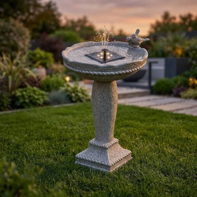 Garden Greatness Aged Stone Birds Solar Water Fountain in Grey - image 1