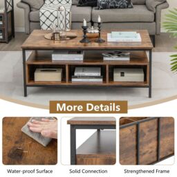 Costway Industrial Coffee Table Wooden Cocktail Center Table with Storage Shelf in Brown - thumbnail 5