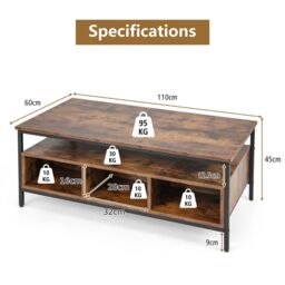 Costway Industrial Coffee Table Wooden Cocktail Center Table with Storage Shelf in Brown - thumbnail 2