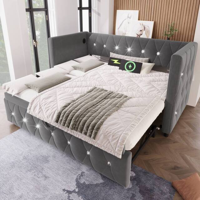 Merax 3ft Single Velvet Upholstered Bed Daybed with Trundle & Charging in Grey - image 1