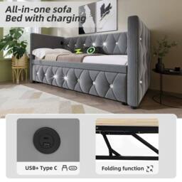 Merax 3ft Single Velvet Upholstered Bed Daybed with Trundle & Charging in Grey - thumbnail 3