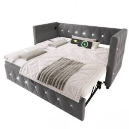 Merax 3ft Single Velvet Upholstered Bed Daybed with Trundle & Charging in Grey - thumbnail 9