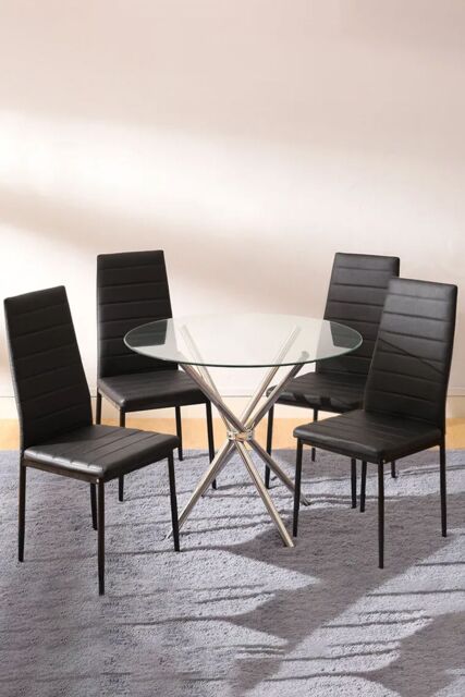 Living and Home 5pcs Dining Table Set of 4 Modern Faux Leather Dining Chairs and Tempered Glass Table in Black - image 1