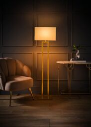ValueLights Gloria Double Stem Metal Floor Lamp with Rectangular Lamp Shade & LED Bulb in Metallic Gold