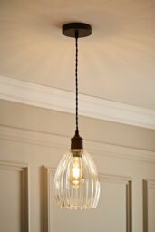 ValueLights Cheltenham Clear Ribbed Glass Dome Pendant Ceiling Light in Black - thumbnail 1