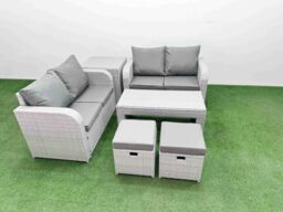 Fimous 6 Seater Outdoor Love Sofa Set Rattan Garden Furniture Set with Oblong Coffee Table 2 Small Stools Side Table Light Grey - thumbnail 1