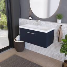 Balterley Contemporary Bathroom Wall Hung 1 Soft-Close Drawer Vanity Unit & Mid-Edge Ceramic Basin, Midnight Blue, 800 mm in Blue - thumbnail 4