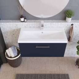 Balterley Contemporary Bathroom Wall Hung 1 Soft-Close Drawer Vanity Unit & Mid-Edge Ceramic Basin, Midnight Blue, 800 mm in Blue - thumbnail 3