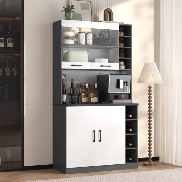 Merax Tall Kitchen Storage Cabinet Pantry with LED Open Shelves in White - image 1