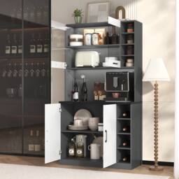 Merax Tall Kitchen Storage Cabinet Pantry with LED Open Shelves in White - thumbnail 9