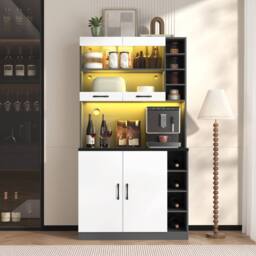 Merax Tall Kitchen Storage Cabinet Pantry with LED Open Shelves in White - thumbnail 3