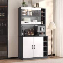 Merax Tall Kitchen Storage Cabinet Pantry with LED Open Shelves in White - thumbnail 1