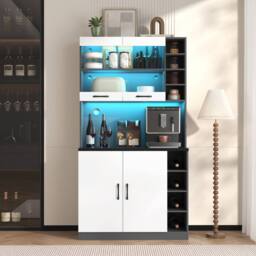 Merax Tall Kitchen Storage Cabinet Pantry with LED Open Shelves in White - thumbnail 2