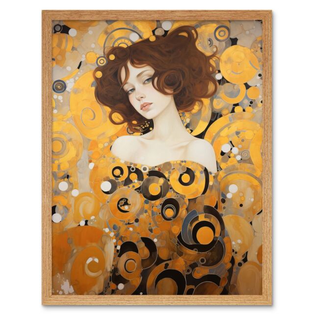 "Artery8 Wall Art Print Woman Portrait Gustav Klimt Style Oil Painting Gold Brown Artist Muse Art Nouveau Artwork Art Framed - Size: W12"" x H16""" - image 1