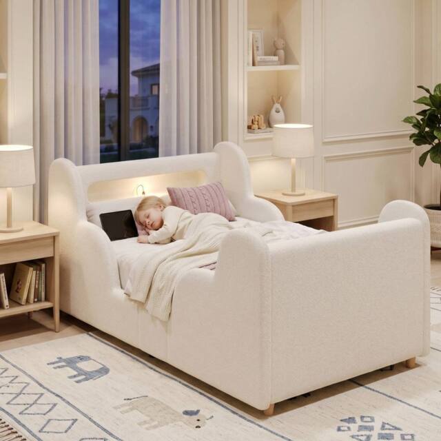 Matteo Toddler Bed 3ft Single, Bouclé, LED, Safety Rails, Beige - Size: Single - image 1