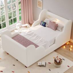 Matteo Toddler Bed 3ft Single, Bouclé, LED, Safety Rails, Beige - Size: Single - thumbnail 2
