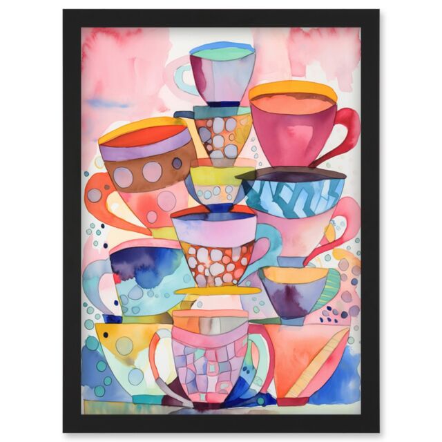Artery8 Abstract Kitchen Cups & Saucers Folk Art Artwork Framed Wall Art Print A4 in Black - image 1