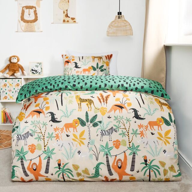 OHS Safari Duvet Cover Set Reversible Quilt Soft Pillowcase Bedding in Green - Size: Single - image 1