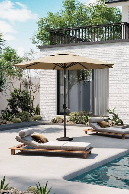 Garden Sanctuary 3M Outdoor Umbrella Large Garden Traditional Parasol with Decorative Base in Khaki
