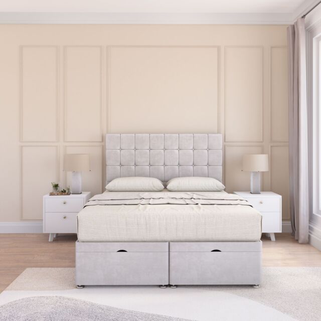 Sloomy Alabama Plush Fabric Ottoman Bed End Opening With Sprung Memory Mattress & 54 Inch Floorstanding Headboard in Silver - Size: Super King - image 1