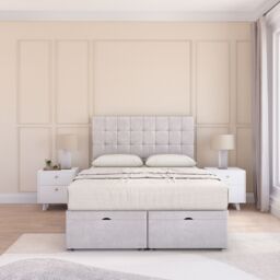 Sloomy Alabama Plush Fabric Ottoman Bed End Opening With Sprung Memory Mattress & 54 Inch Floorstanding Headboard in Silver - Size: Super King - thumbnail 1