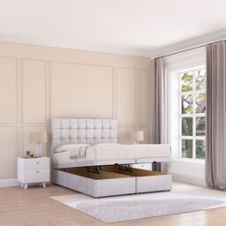Sloomy Alabama Plush Fabric Ottoman Bed End Opening With Sprung Memory Mattress & 54 Inch Floorstanding Headboard in Silver - Size: Super King - thumbnail 2