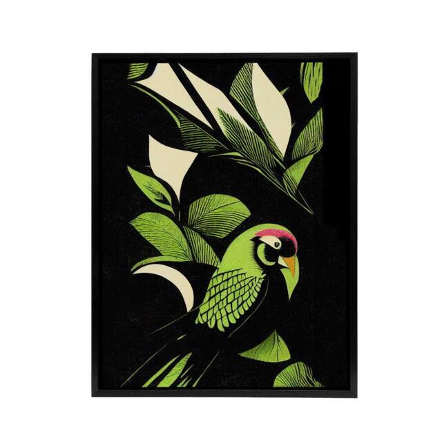 "Artery8 Jungle Leaves With Parrot Framed Canvas Wall Art Print in Green - Size: W12"" x H16""" - image 1