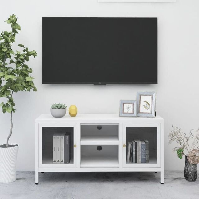 Berkfield Home TV Cabinet White 105x35x52 cm Steel & Glass - Size: 105 x 35 x 52 cm - image 1