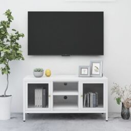 Berkfield Home TV Cabinet White 105x35x52 cm Steel & Glass - Size: 105 x 35 x 52 cm
