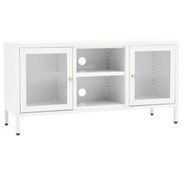 Berkfield Home TV Cabinet White 105x35x52 cm Steel & Glass - Size: 105 x 35 x 52 cm - thumbnail 2