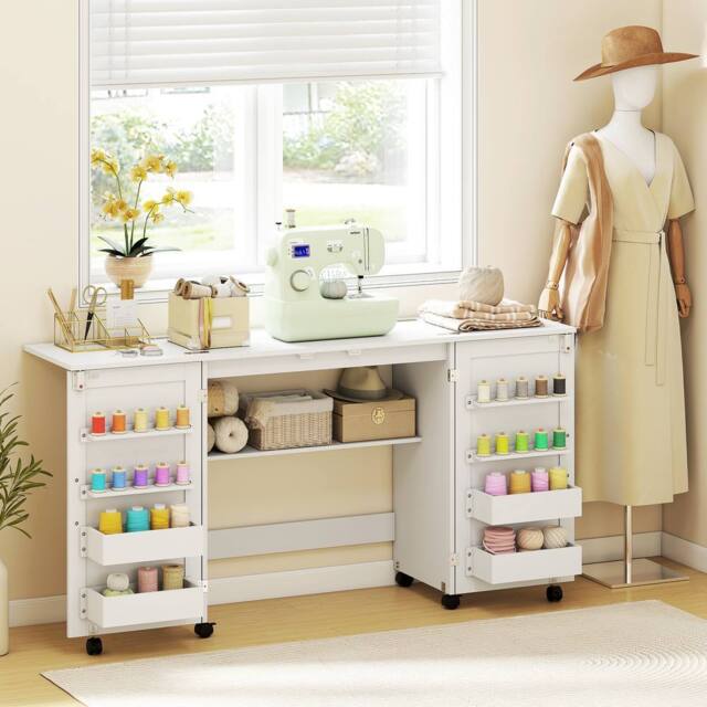 HOMCOM Folding Sewing Table with 2 Magnetic Doors, Storage Shelf, White - Size: 160 cm x 40 cm - image 1