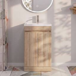 Balterley 500mm Floor Standing 2 Door Unit with Polymarble Basin - Light Oak in Brown - thumbnail 3