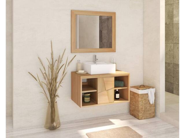 Vente-unique Suspended Teak Bathroom Vanity Unit With Square Ceramic Countertop in Light Oak - image 1