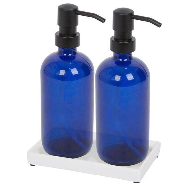 Harbour Housewares 2pc Glass Soap Dispenser Set with Ceramic Tray - 500ml in Blue - image 1