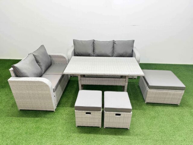 Fimous 8 Seater PE Rattan Wicker Garden Furniture Patio Conservatory Sofa Set with Rectangular Dining Table 3 Seater Sofa Love Sofa 3 Stool - image 1